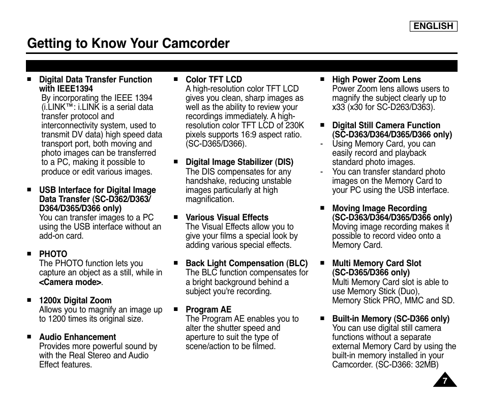 Getting to know your camcorder, Features | Samsung digital SC-D363 User Manual | Page 11 / 111