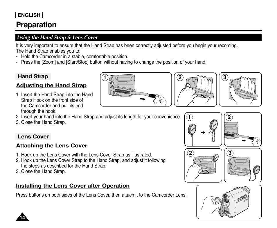 Preparation, Using the hand strap & lens cover | Samsung digital SC-D363 User Manual | Page 18 / 111