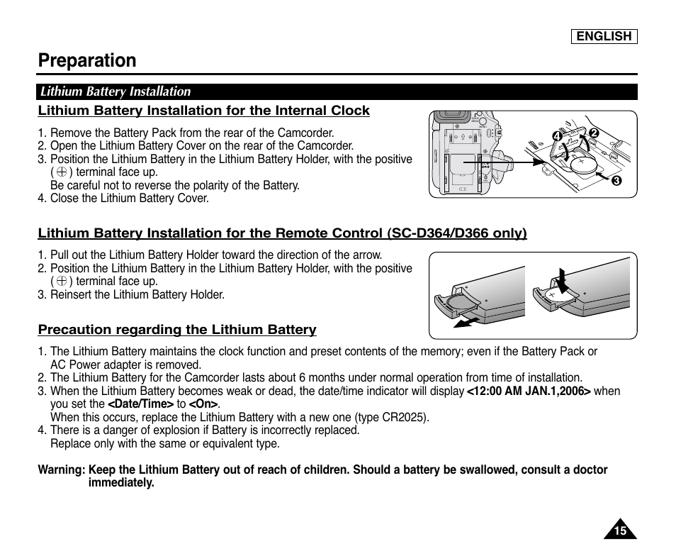 Lithium battery installation, Preparation | Samsung digital SC-D363 User Manual | Page 19 / 111