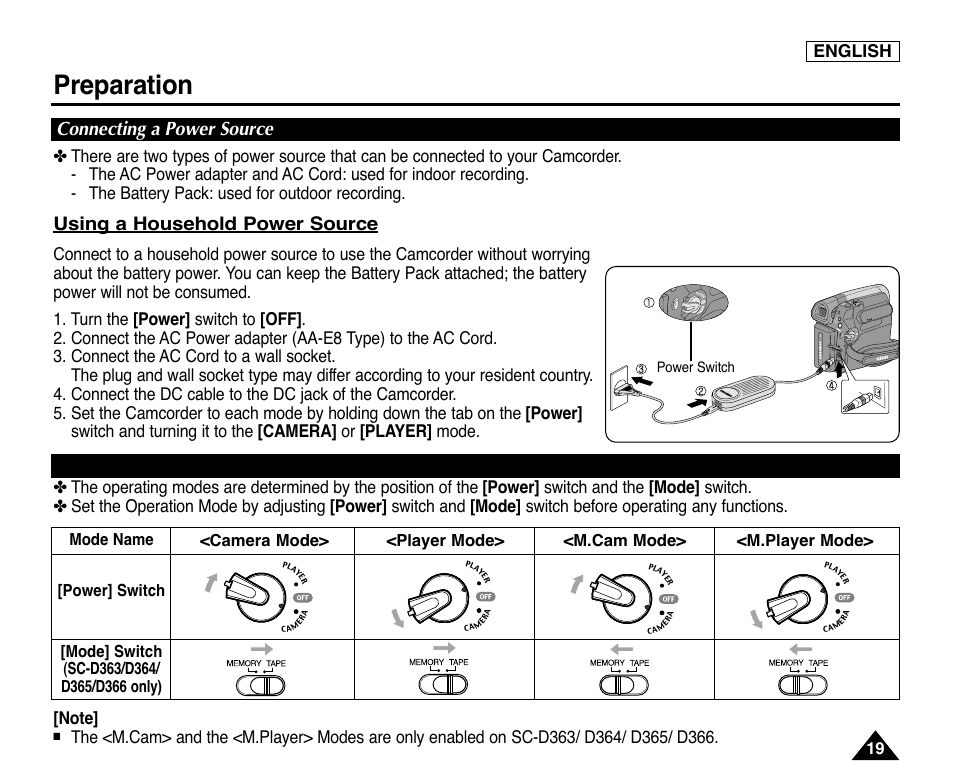 Connecting a power source, About the operating modes, Preparation | Using a household power source, English | Samsung digital SC-D363 User Manual | Page 23 / 111