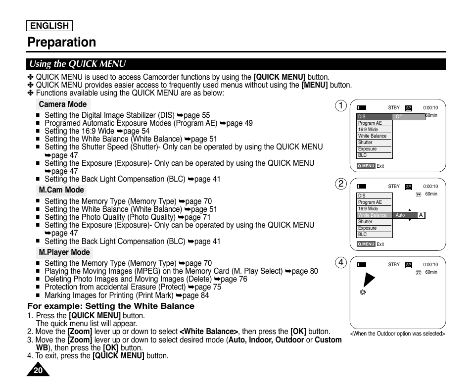 Using the quick menu, Preparation, English | Samsung digital SC-D363 User Manual | Page 24 / 111