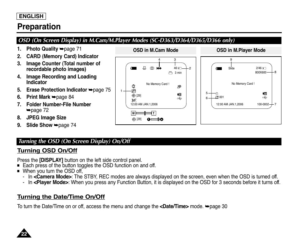 Turning the osd (on screen display) on/off, Preparation, Turning osd on/off | Turning the date/time on/off | Samsung digital SC-D363 User Manual | Page 26 / 111