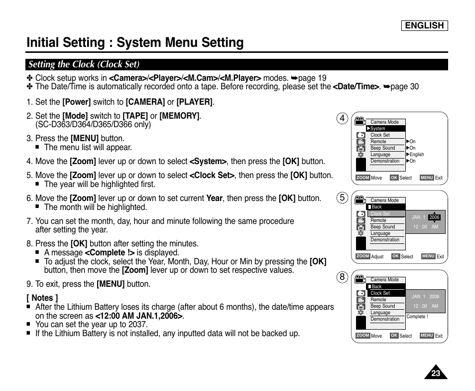 Initial setting : system menu setting, Setting the clock (clock set), English | A message <complete !> is displayed, You can set the year up to 2037 | Samsung digital SC-D363 User Manual | Page 27 / 111