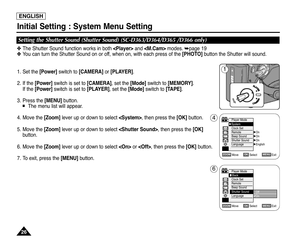 Initial setting : system menu setting, English | Samsung digital SC-D363 User Manual | Page 30 / 111