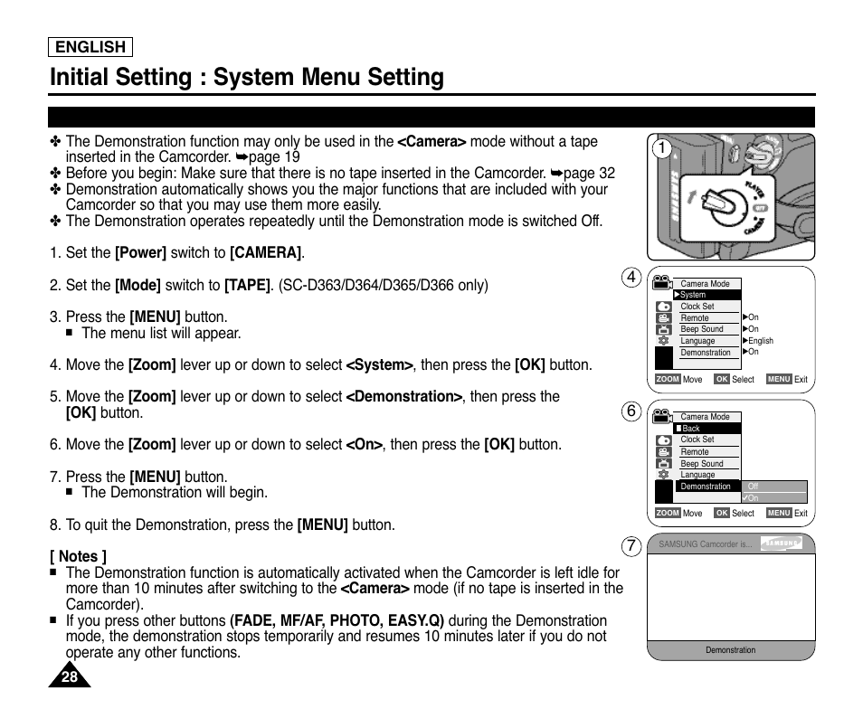 Viewing the demonstration (demonstration), Initial setting : system menu setting, English | Samsung digital SC-D363 User Manual | Page 32 / 111