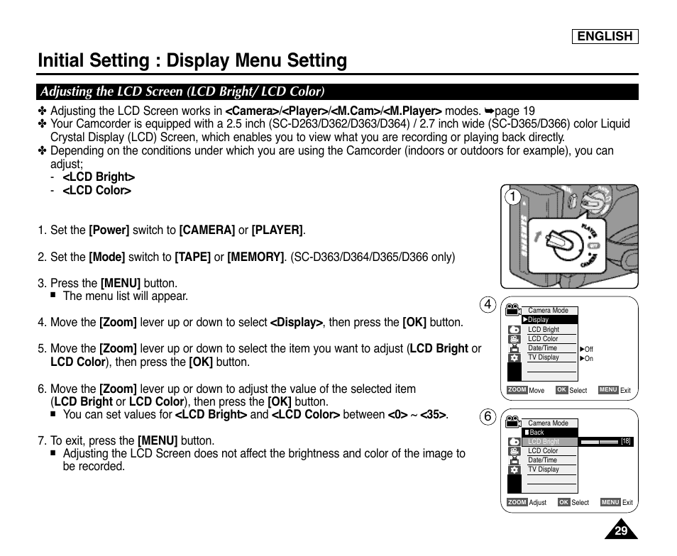 Initial setting : display menu setting, Adjusting the lcd screen (lcd bright/ lcd color) | Samsung digital SC-D363 User Manual | Page 33 / 111