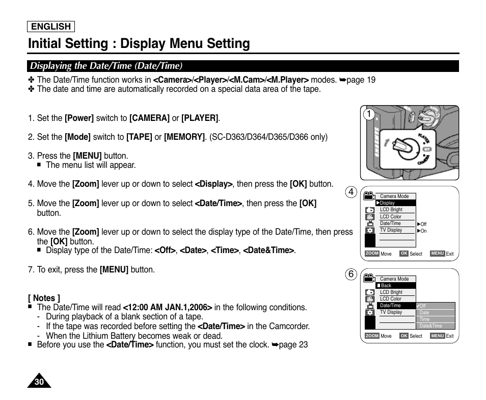 Displaying the date/time (date/time), Initial setting : display menu setting, English | Samsung digital SC-D363 User Manual | Page 34 / 111