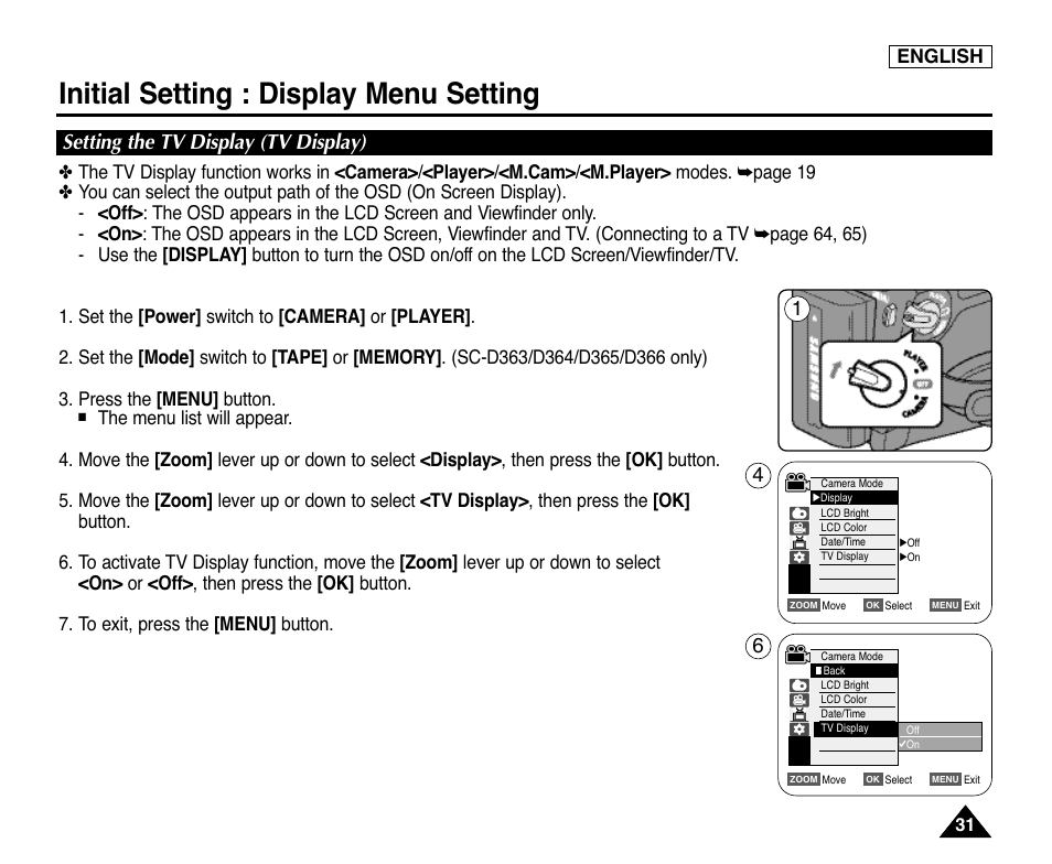 Setting the tv display (tv display), Initial setting : display menu setting | Samsung digital SC-D363 User Manual | Page 35 / 111