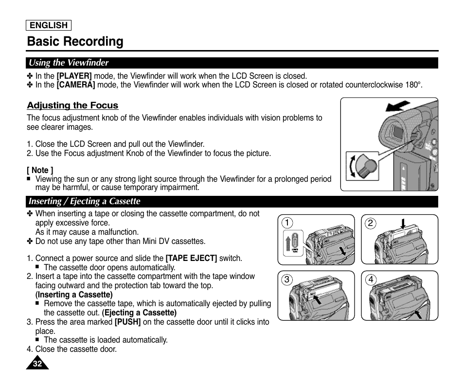 Basic recording, Using the viewfinder, Inserting / ejecting a cassette | Samsung digital SC-D363 User Manual | Page 36 / 111