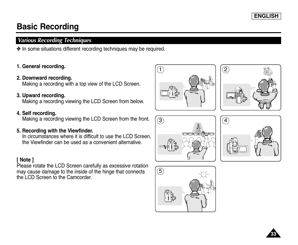 Various recording techniques, Basic recording | Samsung digital SC-D363 User Manual | Page 37 / 111