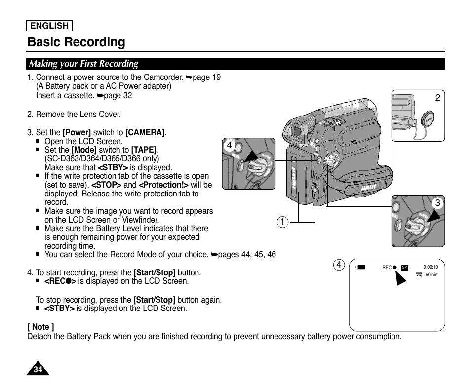 Making your first recording, Basic recording | Samsung digital SC-D363 User Manual | Page 38 / 111