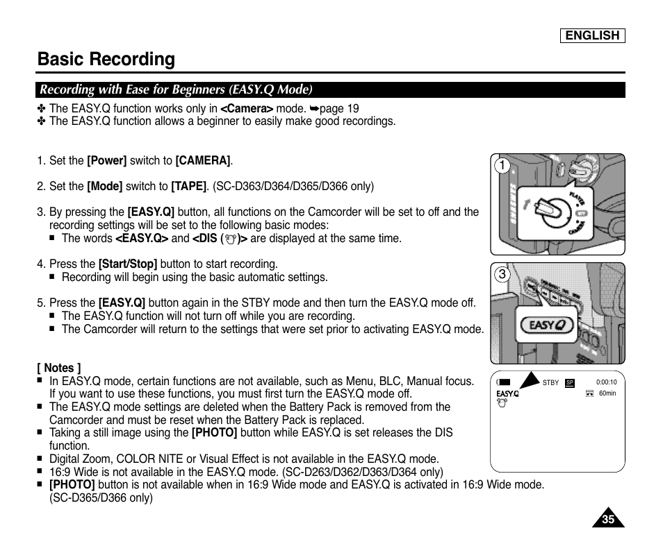 Recording with ease for beginners (easy.q mode), Basic recording | Samsung digital SC-D363 User Manual | Page 39 / 111