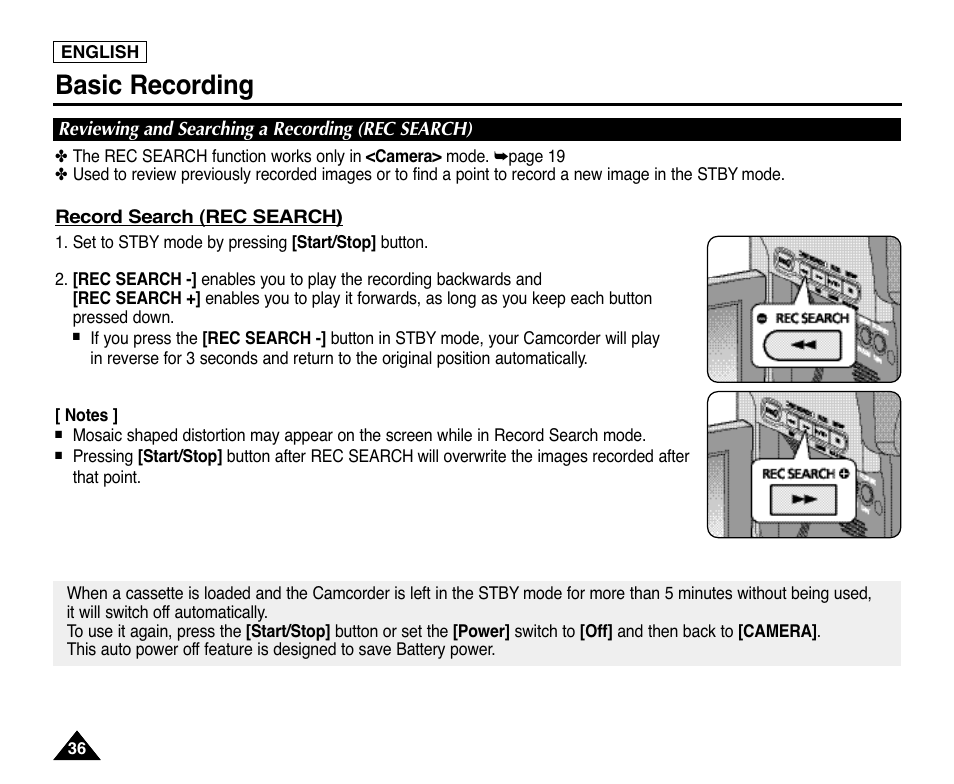 Reviewing and searching a recording (rec search), Basic recording | Samsung digital SC-D363 User Manual | Page 40 / 111