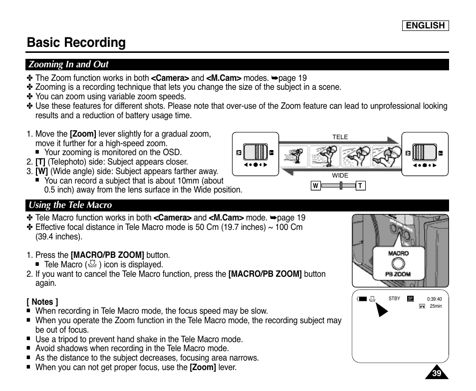 Zooming in and out, Using the tele macro, Basic recording | Zooming in and out using the tele macro | Samsung digital SC-D363 User Manual | Page 43 / 111