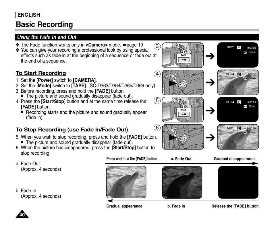 Using the fade in and out, Basic recording | Samsung digital SC-D363 User Manual | Page 44 / 111