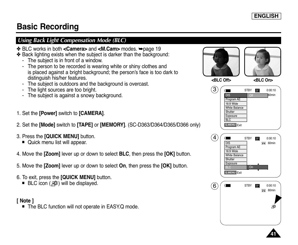 Using back light compensation mode (blc), Basic recording, English | The blc function will not operate in easy.q mode | Samsung digital SC-D363 User Manual | Page 45 / 111