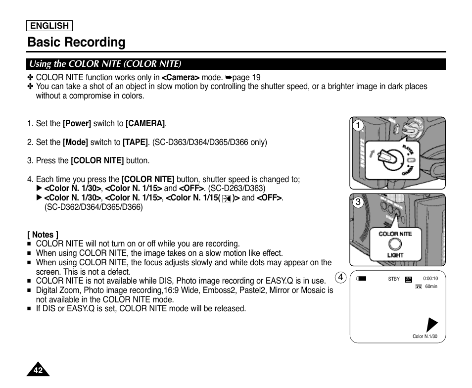 Using the color nite (color nite), Basic recording | Samsung digital SC-D363 User Manual | Page 46 / 111