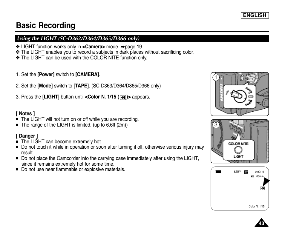 Using the light (sc-d362/d364/d365/d366 only), Basic recording | Samsung digital SC-D363 User Manual | Page 47 / 111