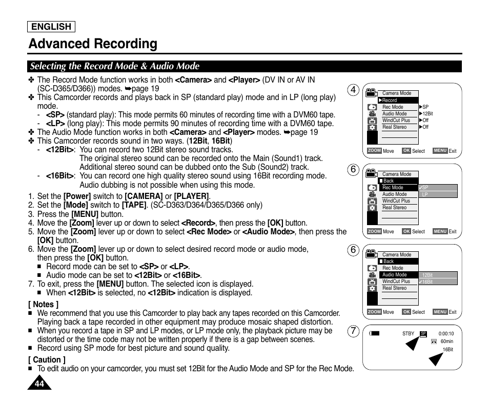 Advanced recording, Selecting the record mode & audio mode, English | Samsung digital SC-D363 User Manual | Page 48 / 111