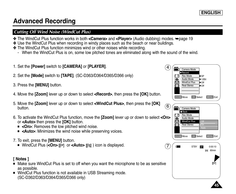 Cutting off wind noise (windcut plus), Advanced recording | Samsung digital SC-D363 User Manual | Page 49 / 111