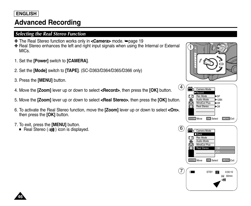 Selecting the real stereo function, Advanced recording, Real stereo ( ) icon is displayed | English | Samsung digital SC-D363 User Manual | Page 50 / 111