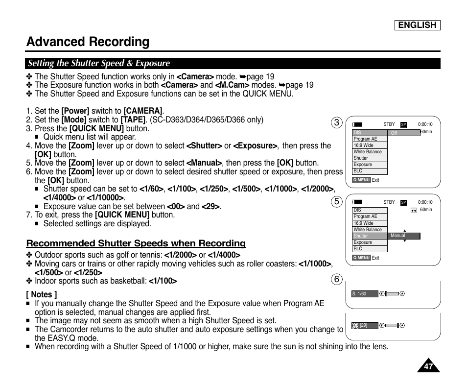 Setting the shutter speed & exposure, Advanced recording, Recommended shutter speeds when recording | English, Selected settings are displayed | Samsung digital SC-D363 User Manual | Page 51 / 111