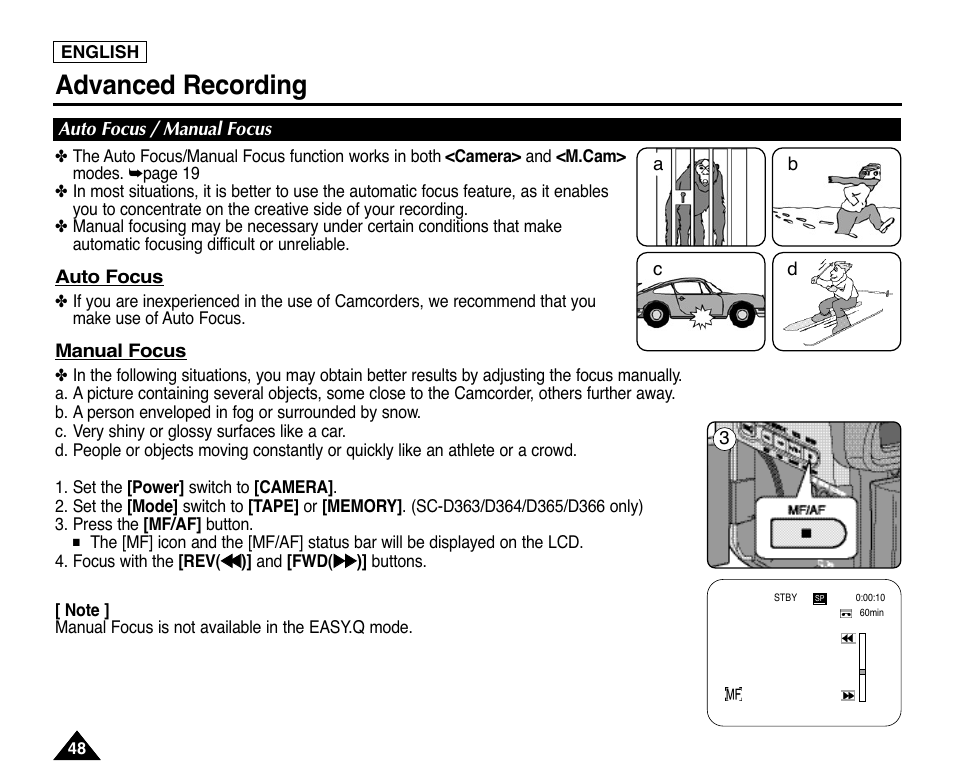 Auto focus / manual focus, Advanced recording | Samsung digital SC-D363 User Manual | Page 52 / 111