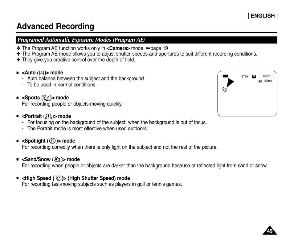 Programed automatic exposure modes (program ae), Advanced recording | Samsung digital SC-D363 User Manual | Page 53 / 111