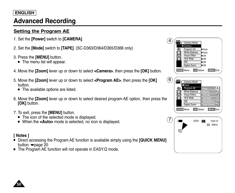 Advanced recording, Setting the program ae, English | The icon of the selected mode is displayed | Samsung digital SC-D363 User Manual | Page 54 / 111