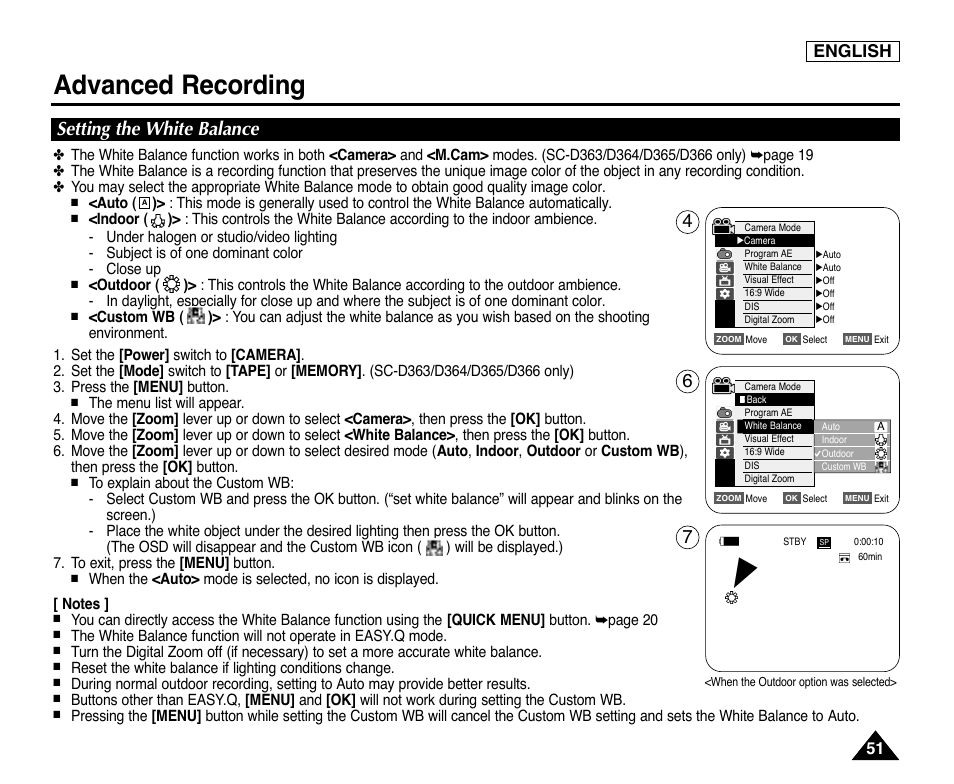 Setting the white balance, Advanced recording, English | Samsung digital SC-D363 User Manual | Page 55 / 111