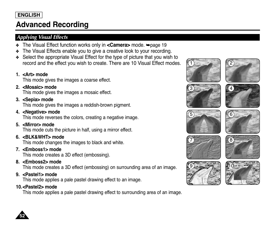 Applying visual effects, Advanced recording | Samsung digital SC-D363 User Manual | Page 56 / 111