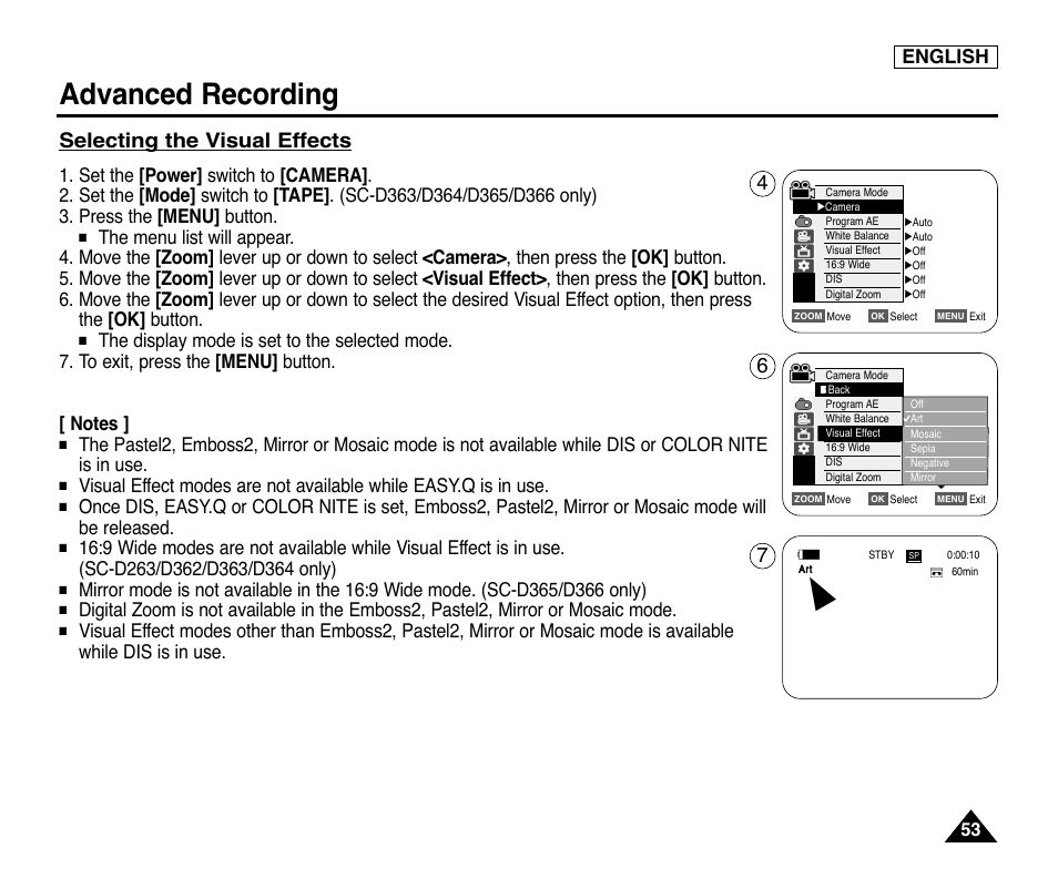 Advanced recording, Selecting the visual effects, English | Samsung digital SC-D363 User Manual | Page 57 / 111