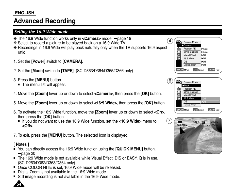 Setting the 16:9 wide mode, Advanced recording, English | Samsung digital SC-D363 User Manual | Page 58 / 111