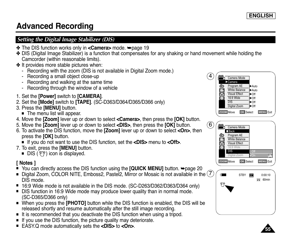 Setting the digital image stabilizer (dis), Advanced recording, English | Easy.q mode automatically sets the <dis> to <on | Samsung digital SC-D363 User Manual | Page 59 / 111