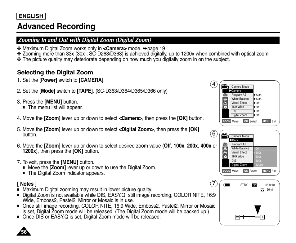 Advanced recording, Selecting the digital zoom, English | Samsung digital SC-D363 User Manual | Page 60 / 111