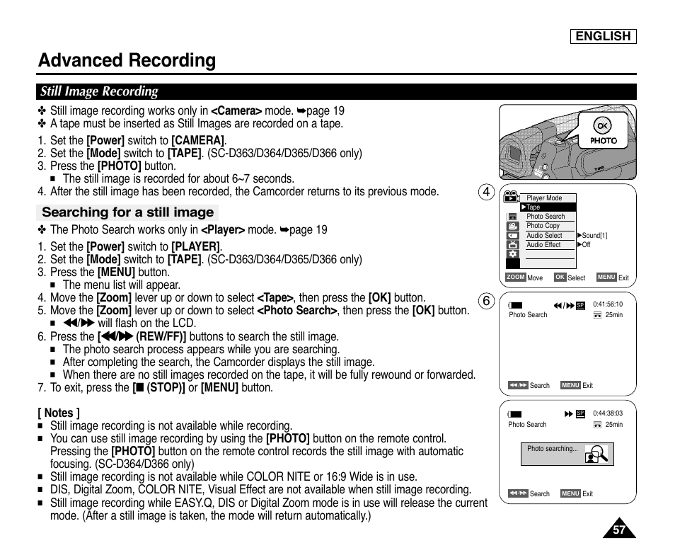 Still image recording, Searching for a still image, Advanced recording | English | Samsung digital SC-D363 User Manual | Page 61 / 111