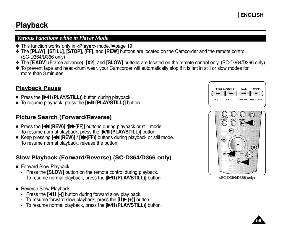 Various functions while in player mode, Playback | Samsung digital SC-D363 User Manual | Page 63 / 111