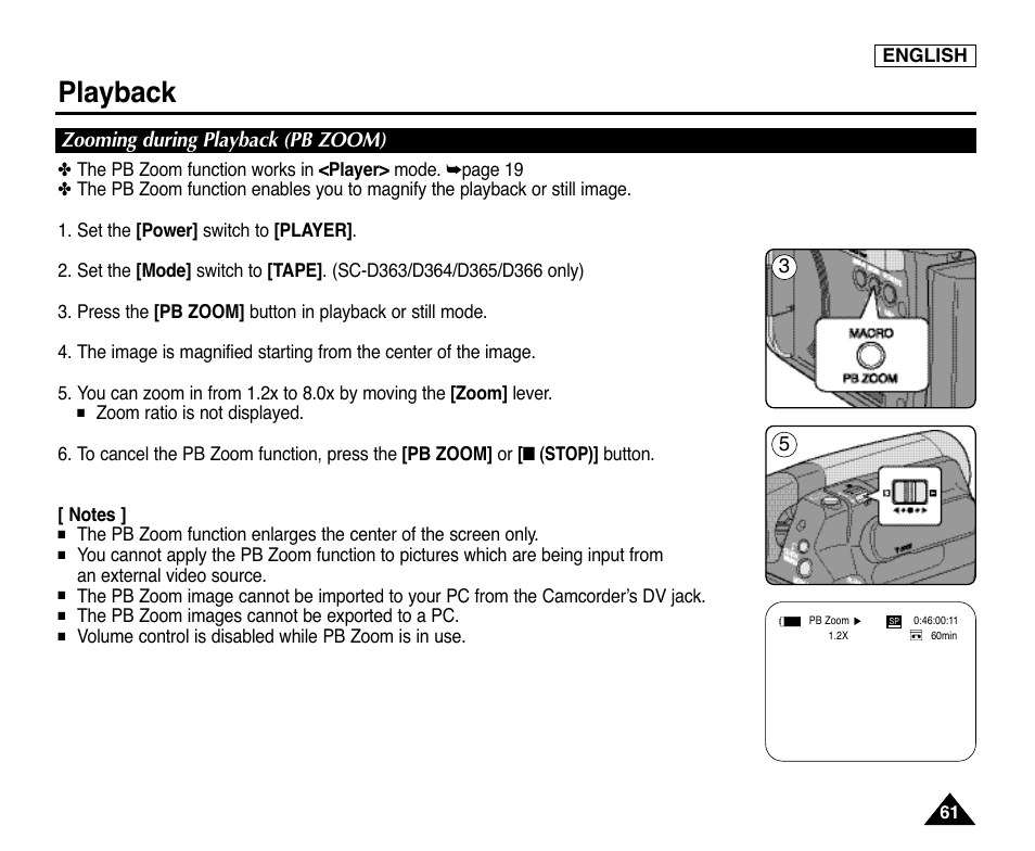 Zooming during playback (pb zoom), Playback | Samsung digital SC-D363 User Manual | Page 65 / 111