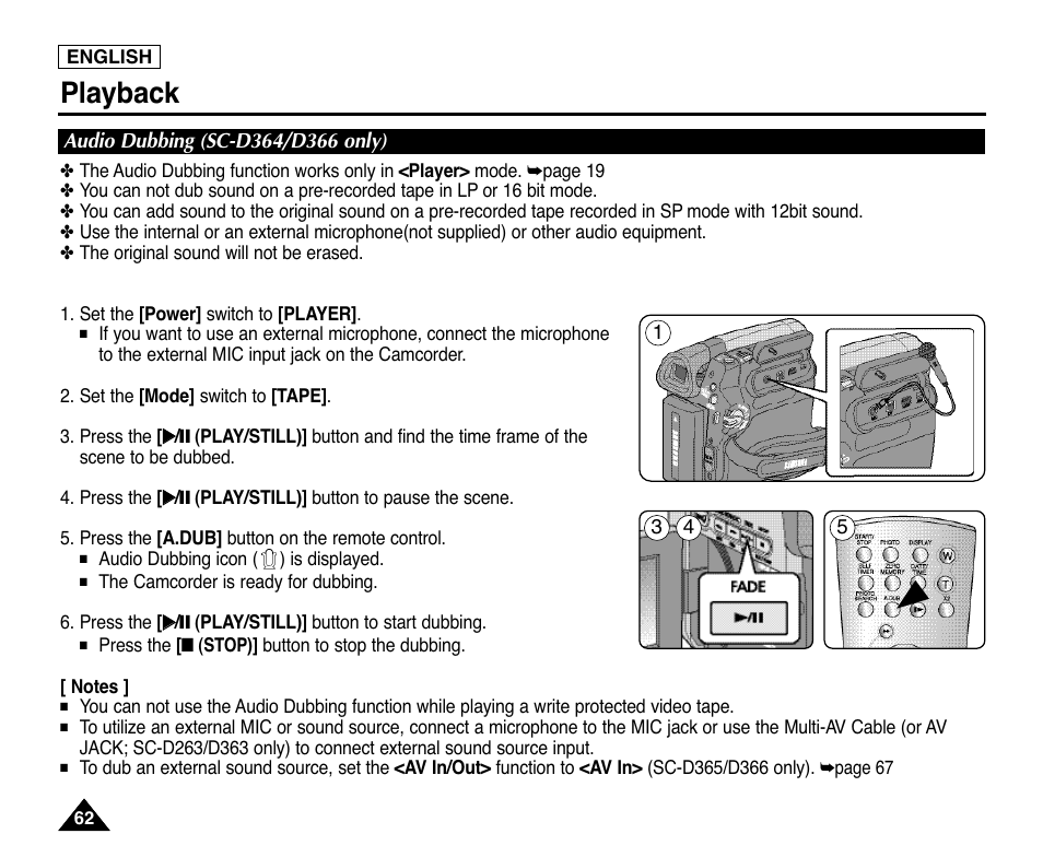 Audio dubbing (sc-d364/d366 only), Playback | Samsung digital SC-D363 User Manual | Page 66 / 111