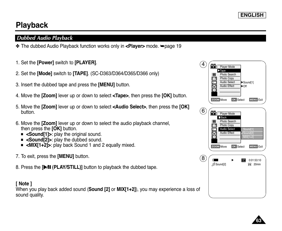 Dubbed audio playback, Playback, English | Sound[1]> : play the original sound, Sound[2]> : play the dubbed sound | Samsung digital SC-D363 User Manual | Page 67 / 111