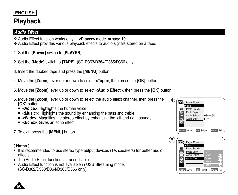 Audio effect, Playback, English | Voice> : highlights the human voice, The audio effect function is transmittable | Samsung digital SC-D363 User Manual | Page 70 / 111