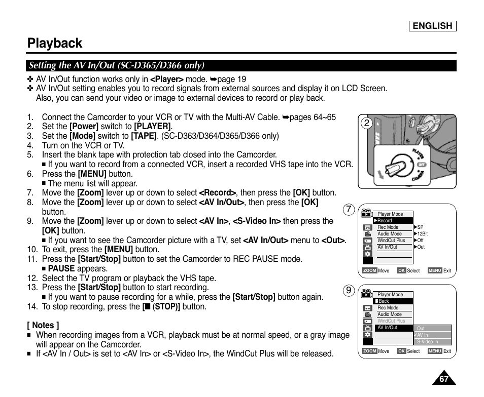 Setting the av in/out (sc-d365/d366 only), Playback | Samsung digital SC-D363 User Manual | Page 71 / 111