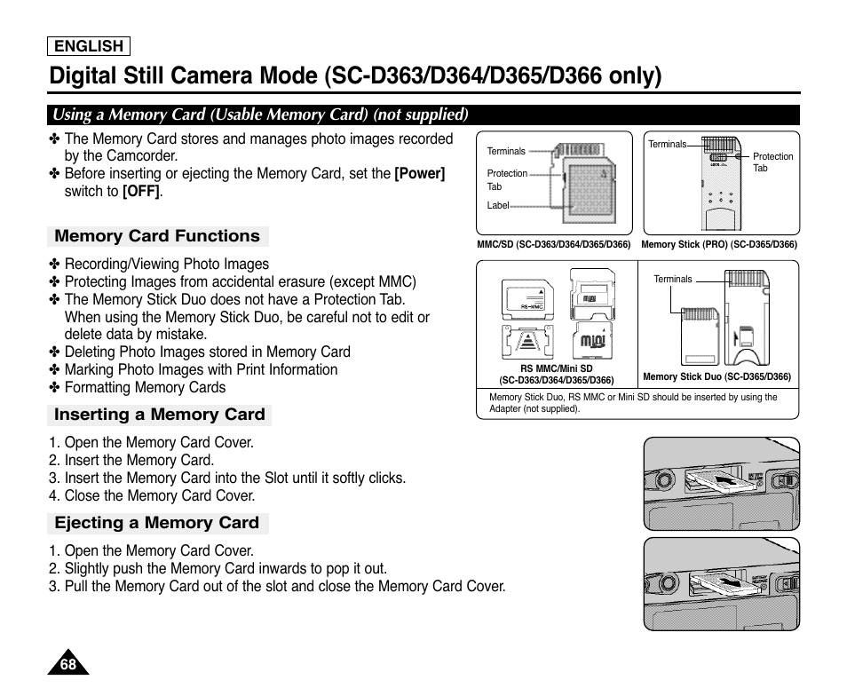 Memory card functions, Inserting a memory card, Ejecting a memory card | Samsung digital SC-D363 User Manual | Page 72 / 111