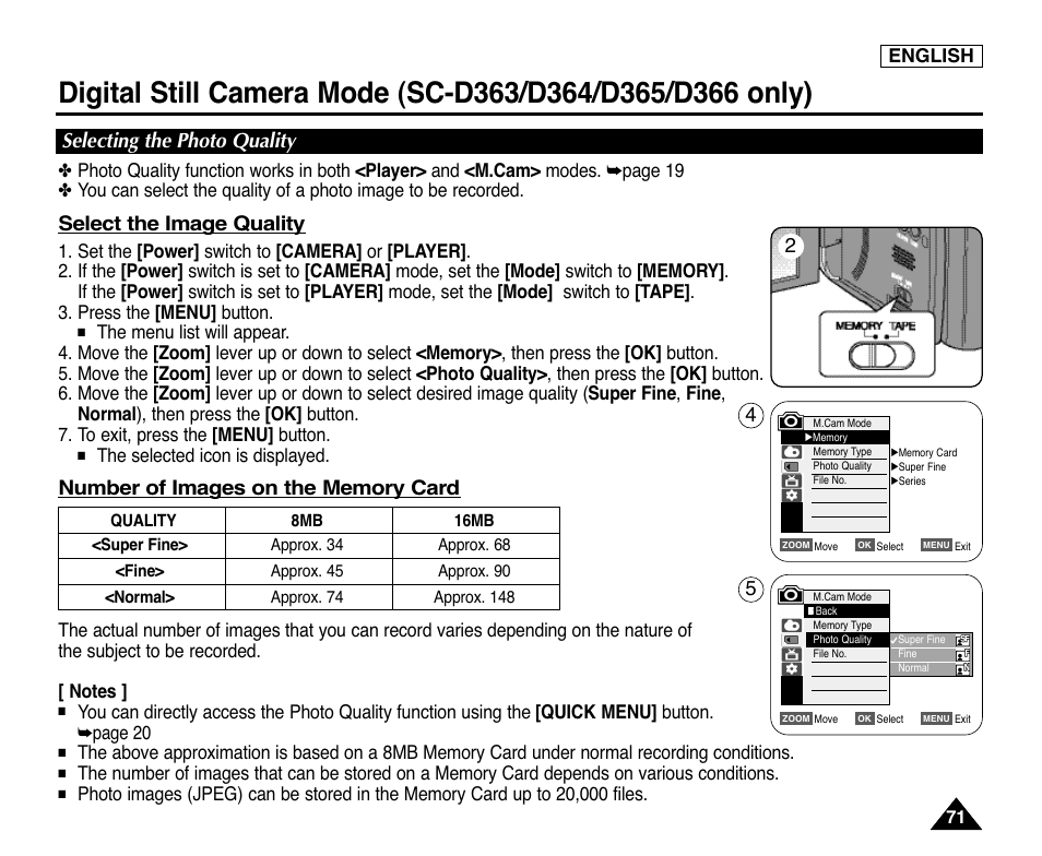 Selecting the photo quality, Select the image quality | Samsung digital SC-D363 User Manual | Page 75 / 111