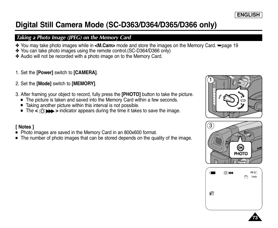 Taking a photo image (jpeg) on the memory card | Samsung digital SC-D363 User Manual | Page 77 / 111