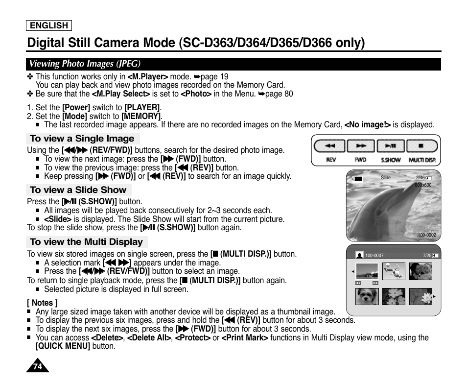 Viewing photo images (jpeg), To view a single image, To view a slide show | To view the multi display | Samsung digital SC-D363 User Manual | Page 78 / 111