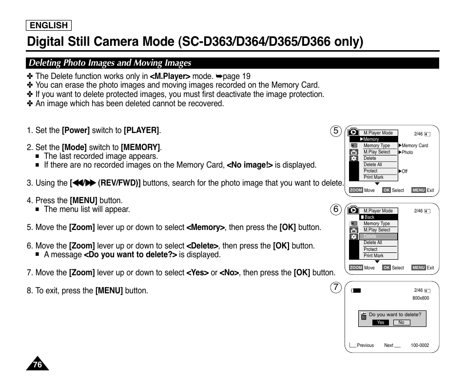 Deleting photo images and moving images, English, The last recorded image appears | Samsung digital SC-D363 User Manual | Page 80 / 111