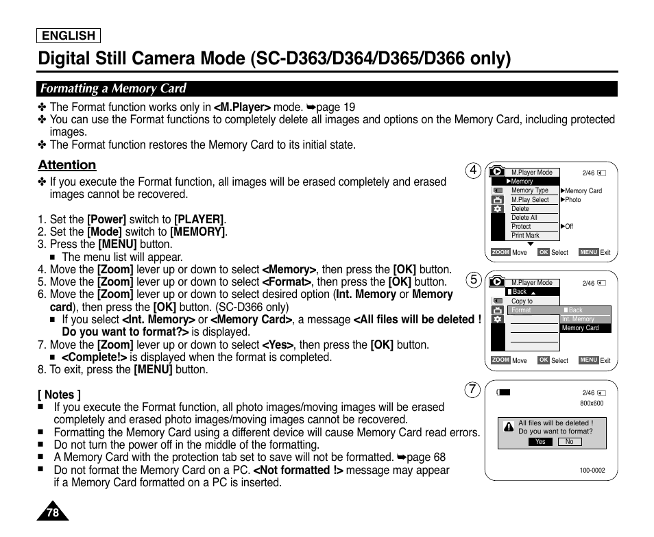 Formatting a memory card, Attention, English | Samsung digital SC-D363 User Manual | Page 82 / 111