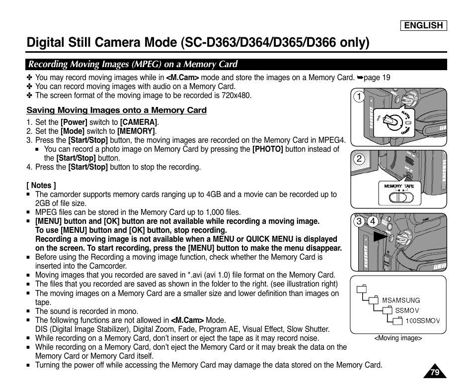 Recording moving images (mpeg) on a memory card | Samsung digital SC-D363 User Manual | Page 83 / 111