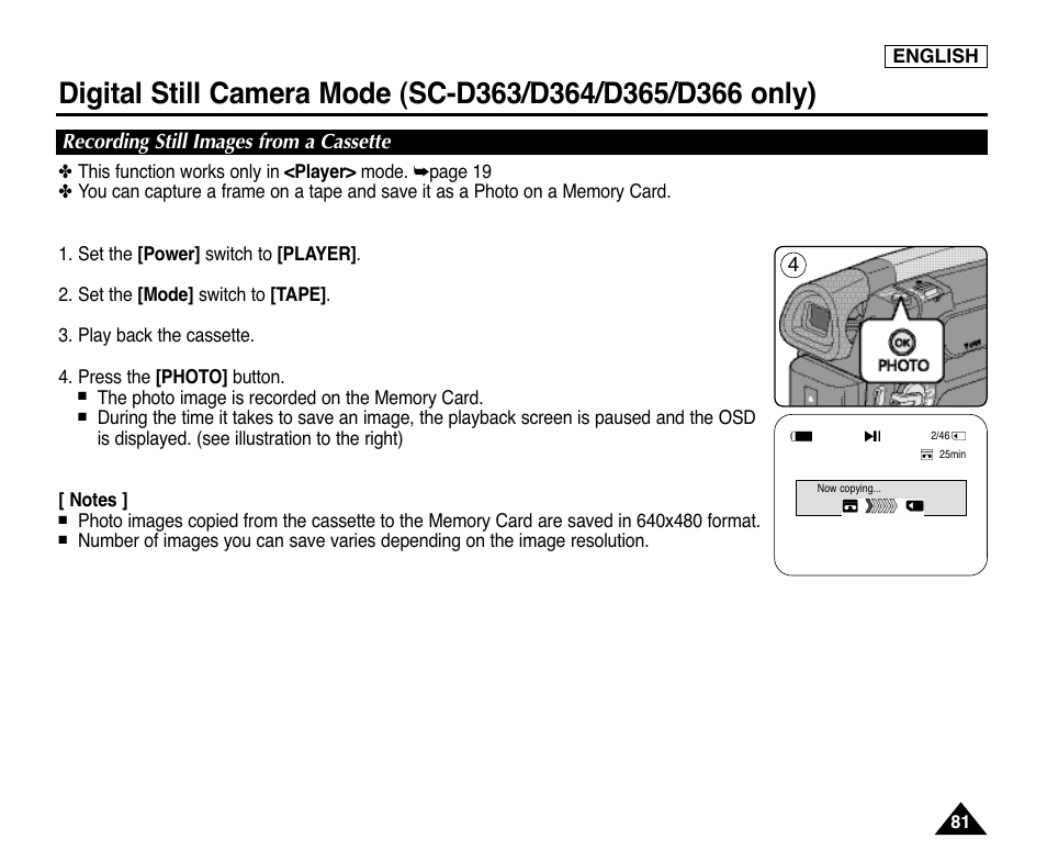 Recording still images from a cassette | Samsung digital SC-D363 User Manual | Page 85 / 111